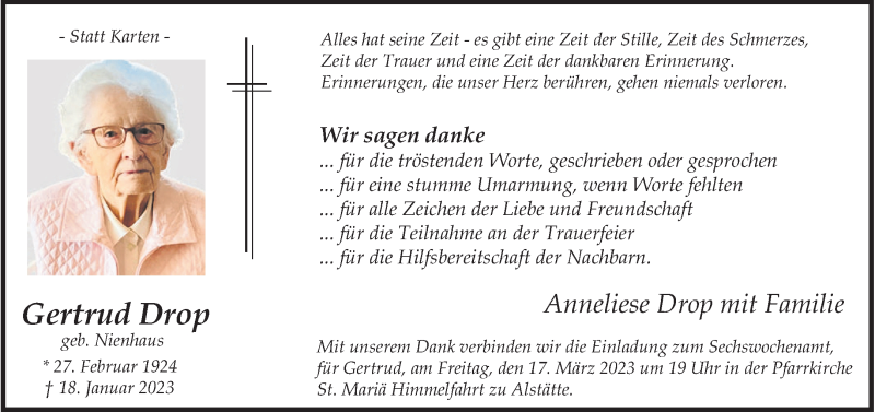  Traueranzeige für Gertrud Drop vom 15.03.2023 aus 