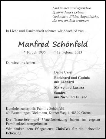 Anzeige von Manfred Schönfeld 