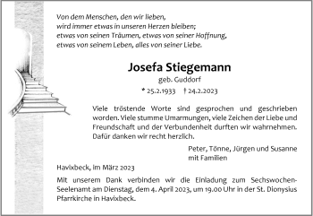 Anzeige von Josefa Stiegemann 