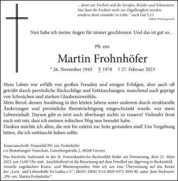 Anzeige von Martin Frohnhöfer 