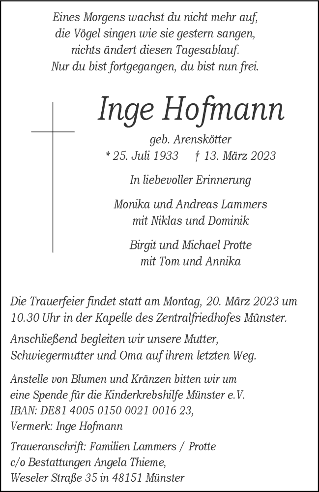  Traueranzeige für Inge Hofmann vom 18.03.2023 aus 