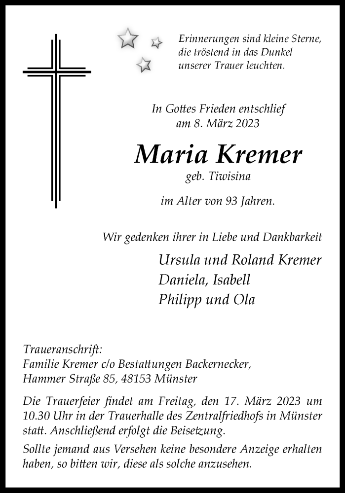  Traueranzeige für Maria Kremer vom 11.03.2023 aus 