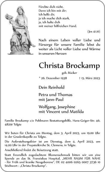 Anzeige von Christa Brockamp 