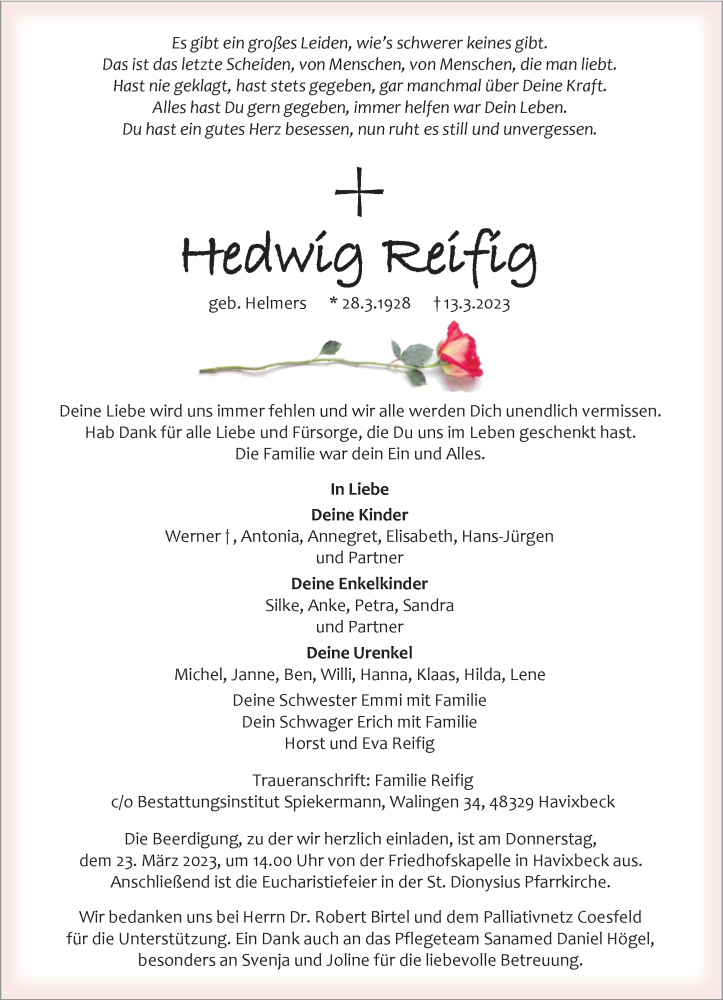  Traueranzeige für Hedwig Reifig vom 18.03.2023 aus 