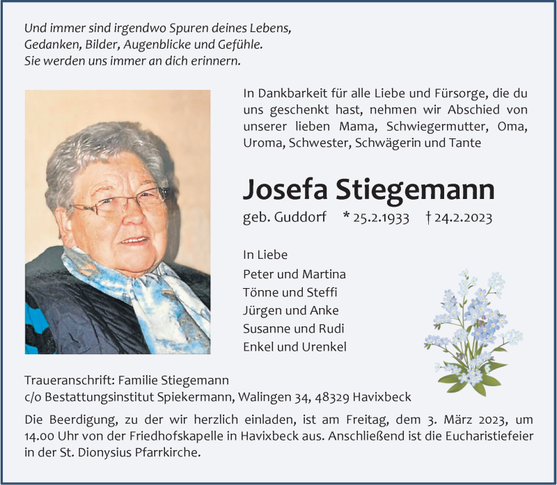  Traueranzeige für Josefa Stiegemann vom 01.03.2023 aus 