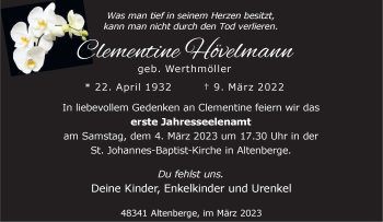 Anzeige von Clementine Hövelmann 