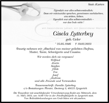 Anzeige von Gisela Lutterbey 
