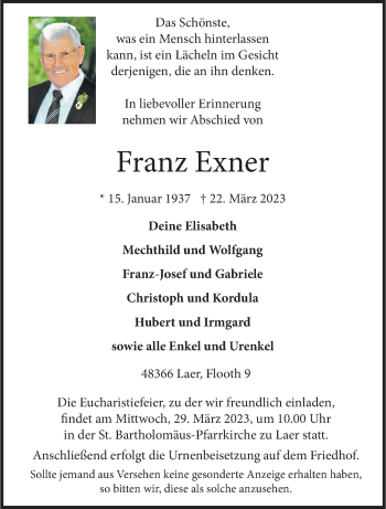 Anzeige von Franz Exner 