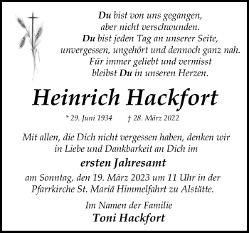 Anzeige von Heinrich Hackfort 