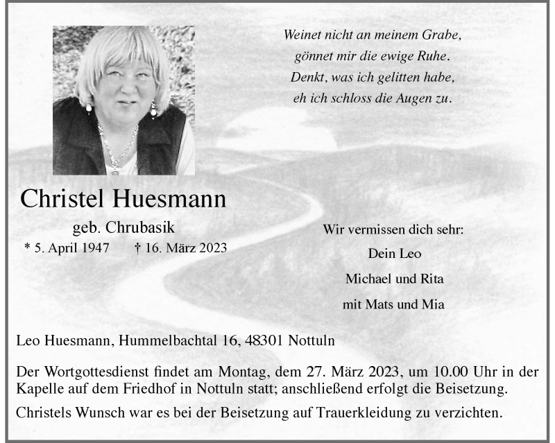  Traueranzeige für Christel Huesmann vom 22.03.2023 aus 
