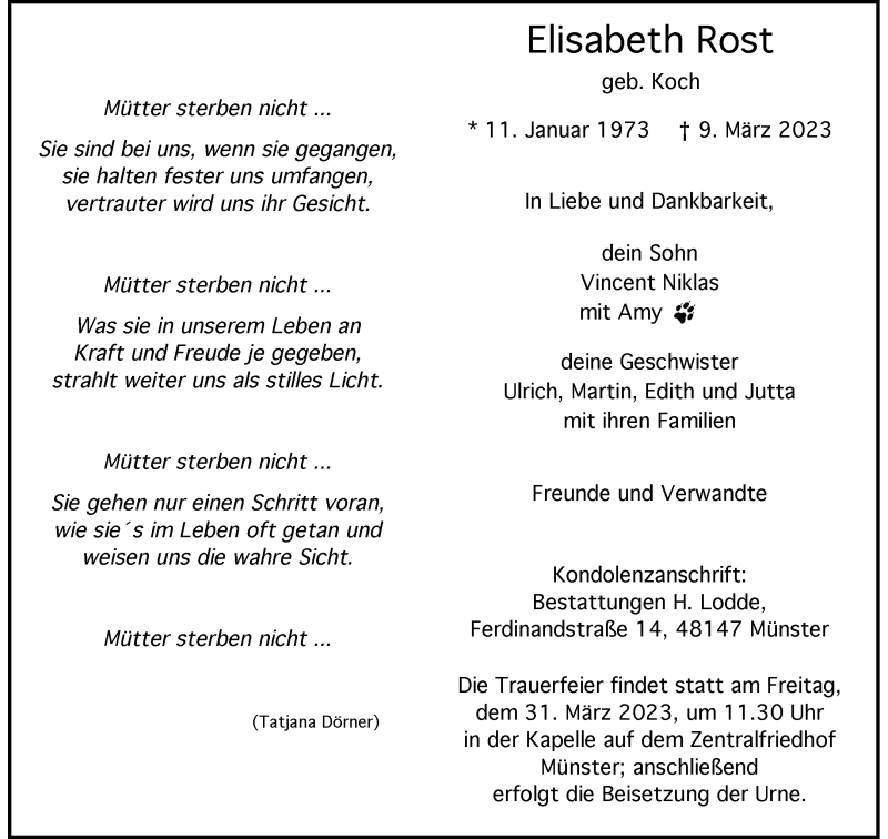  Traueranzeige für Elisabeth Rost vom 29.03.2023 aus 