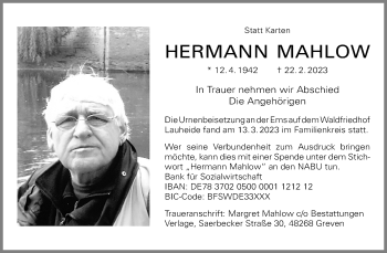 Anzeige von Hermann Mahlow 