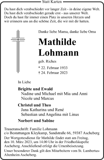 Anzeige von Mathilde Lohmann 