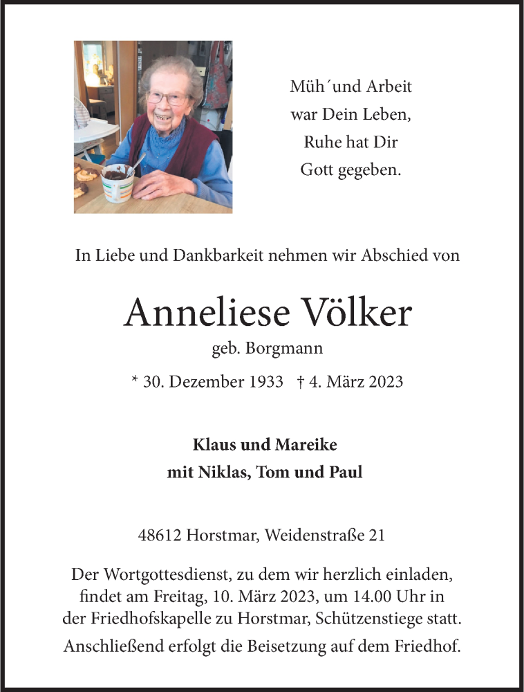  Traueranzeige für Anneliese Völker vom 08.03.2023 aus 