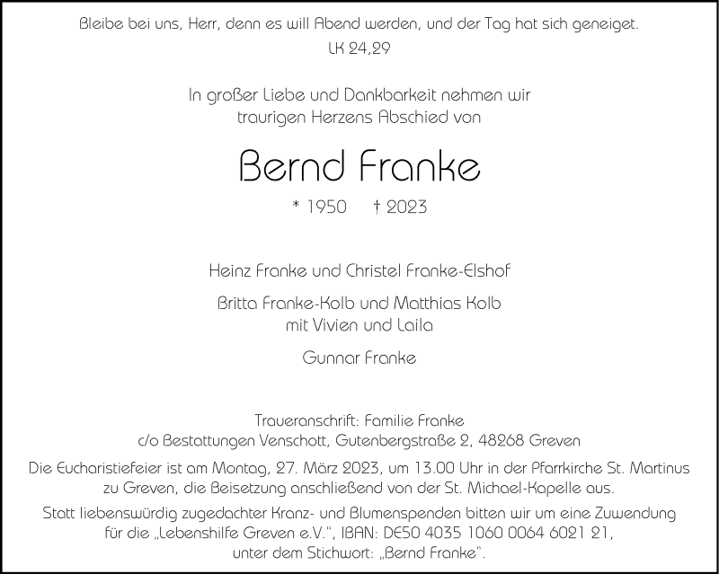  Traueranzeige für Bernd Franke vom 25.03.2023 aus 