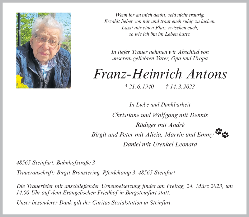  Traueranzeige für Franz-Heinrich Antons vom 23.03.2023 aus 