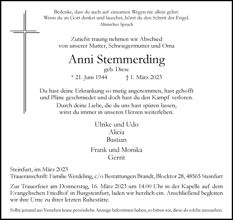  Traueranzeige für Anni Stemmerding vom 11.03.2023 aus 