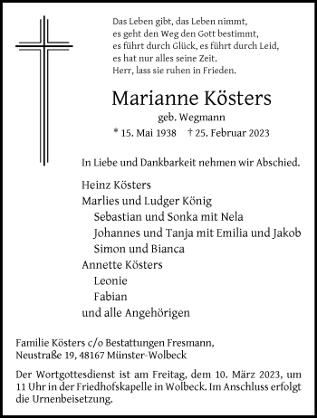 Anzeige von Marianne Kösters 