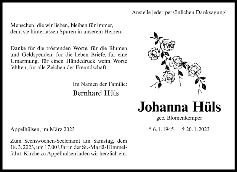  Traueranzeige für Johanna Hüls vom 11.03.2023 aus 