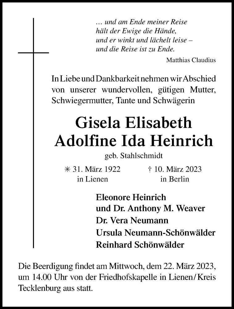  Traueranzeige für Gisela Elisabeth Adolfine Ida Heinrich vom 18.03.2023 aus 