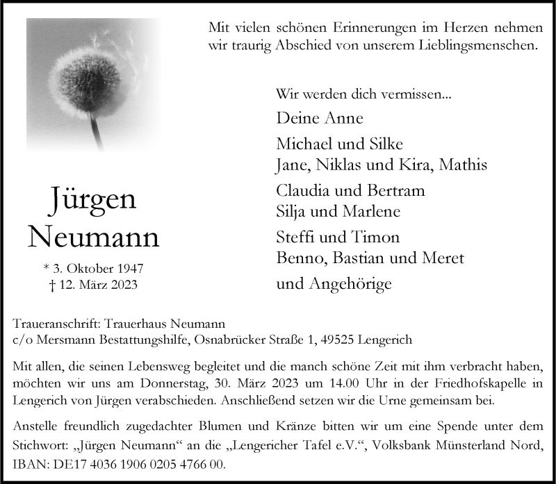  Traueranzeige für Jürgen Neumann vom 25.03.2023 aus 