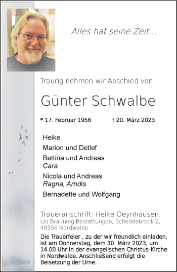 Anzeige von Günter Schwalbe 