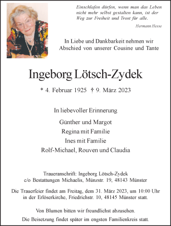 Anzeige von Ingeborg Lötsch-Zydek 