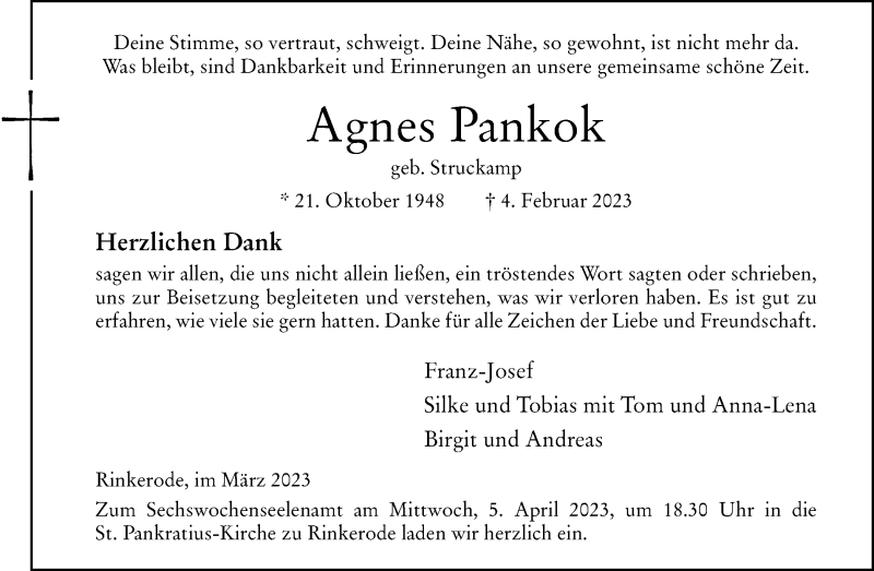  Traueranzeige für Agnes Pankok vom 30.03.2023 aus 