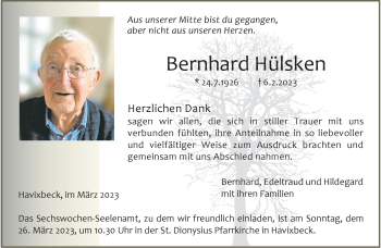 Anzeige von Bernhard Hülsken 