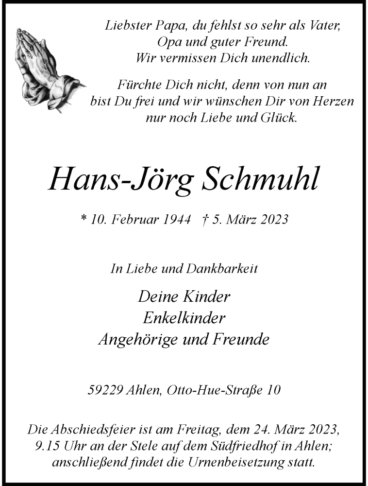  Traueranzeige für Hans-Jörg Schmuhl vom 18.03.2023 aus 