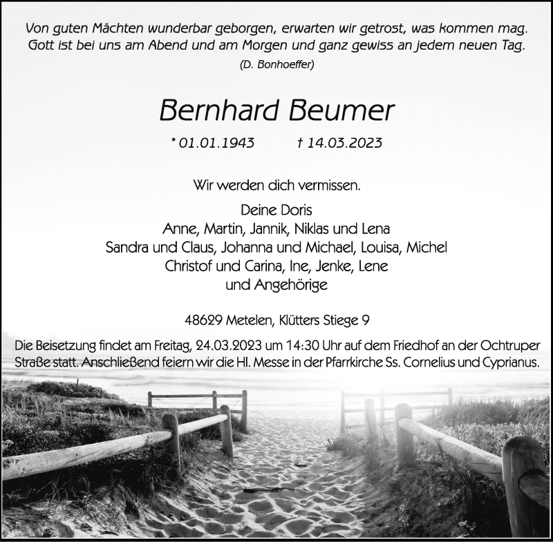  Traueranzeige für Bernhard Beumer vom 21.03.2023 aus 
