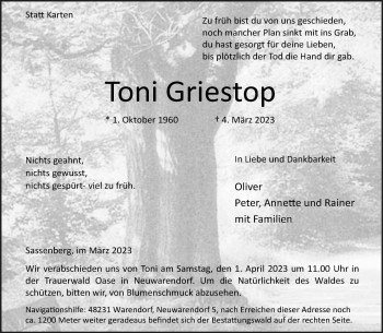 Anzeige von Toni Griestop 