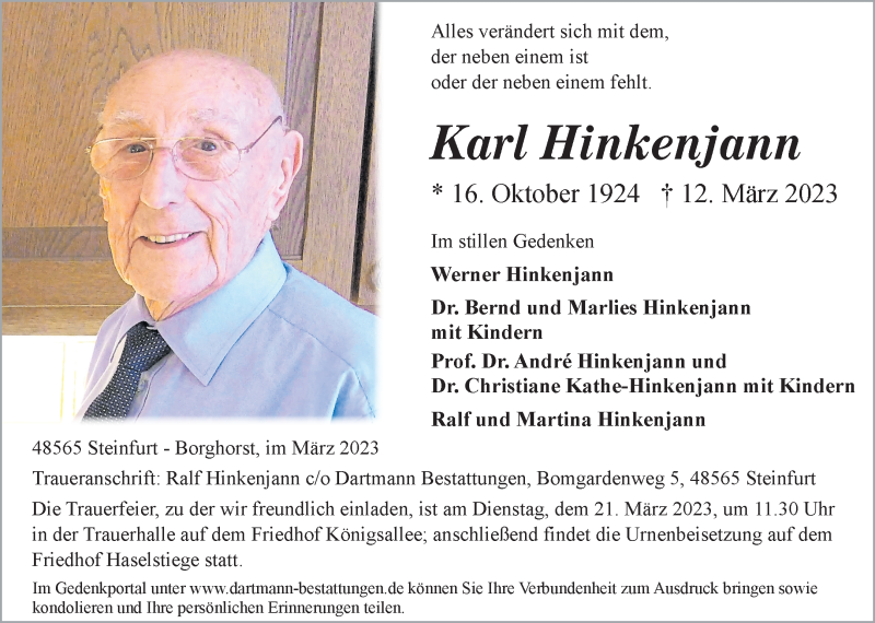  Traueranzeige für Karl Hinkenjann vom 18.03.2023 aus 