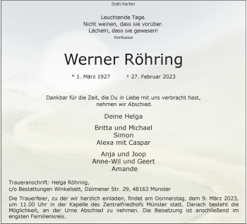 Anzeige von Werner Röhring 