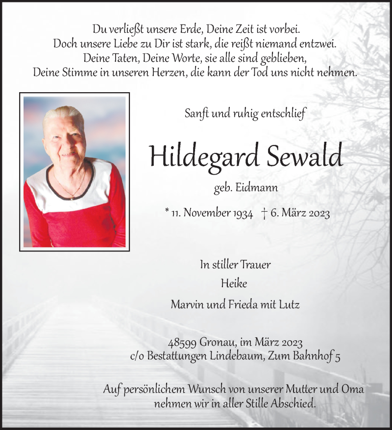  Traueranzeige für Hildegard Sewald vom 11.03.2023 aus 