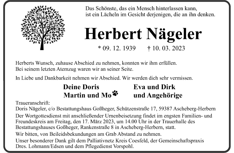  Traueranzeige für Herbert Nägeler vom 15.03.2023 aus 