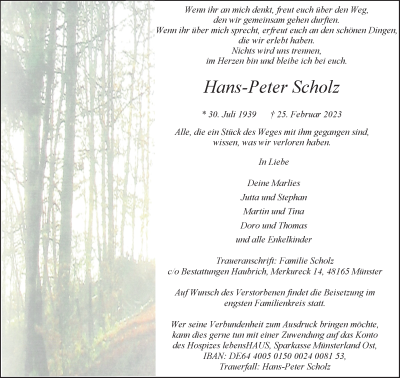  Traueranzeige für Hans-Peter Scholz vom 04.03.2023 aus 