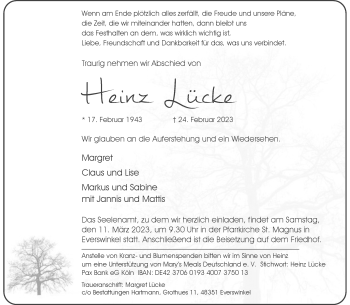 Anzeige von Heinz Lücke 