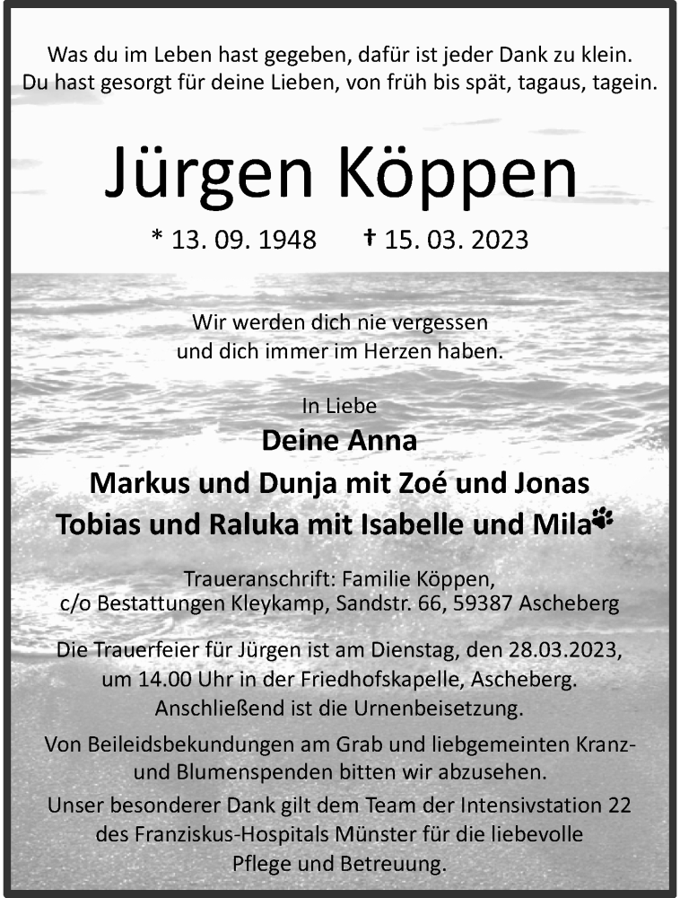  Traueranzeige für Jürgen Köppen vom 18.03.2023 aus 