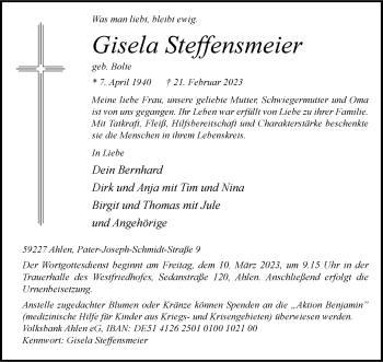 Anzeige von Gisela Steffensmeier 