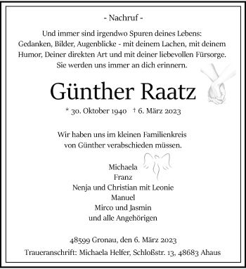 Anzeige von Günther Raatz 