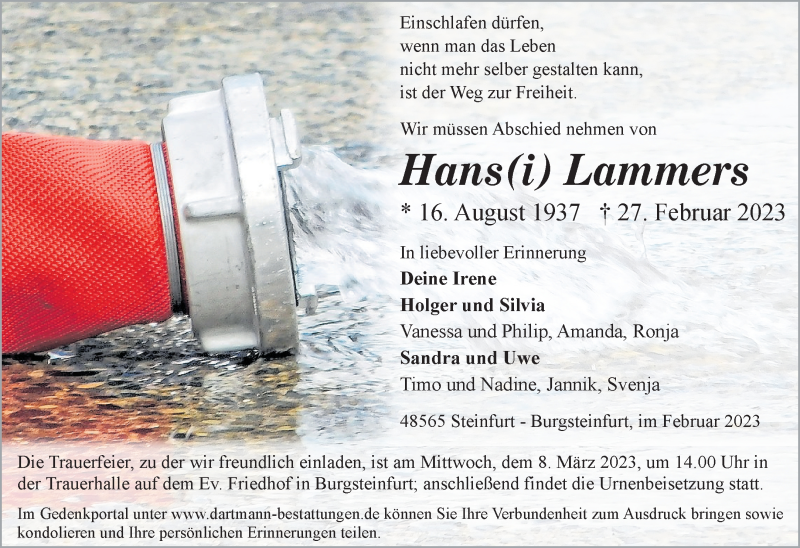  Traueranzeige für Hans (I) Lammers vom 04.03.2023 aus 