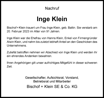 Anzeige von Inge Klein 