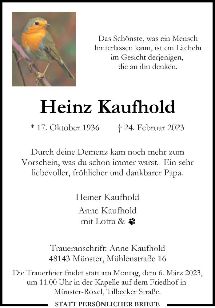  Traueranzeige für Heinz Kaufhold vom 01.03.2023 aus 