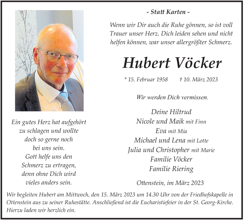  Traueranzeige für Hubert Vöcker vom 13.03.2023 aus 