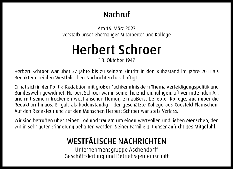  Traueranzeige für Herbert Schroer vom 25.03.2023 aus 