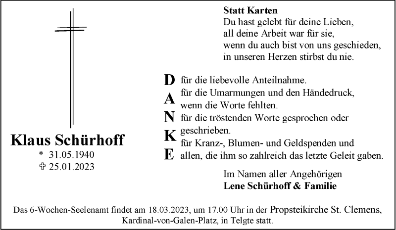  Traueranzeige für Klaus Schürhoff vom 15.03.2023 aus 