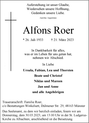 Anzeige von Alfons Roer 