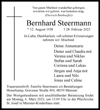 Anzeige von Bernhard Steermann 