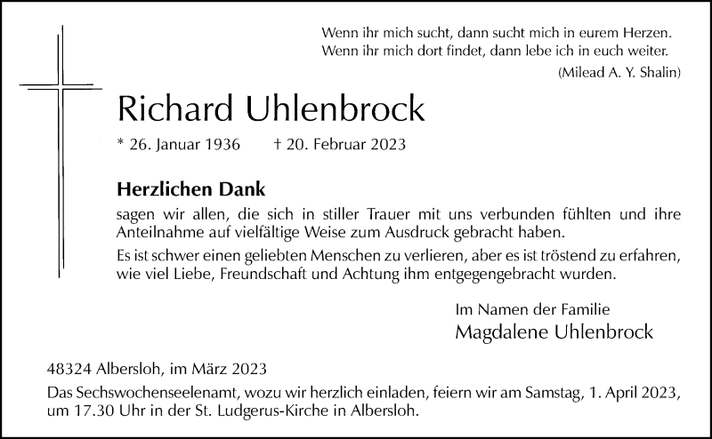  Traueranzeige für Richard Uhlenbrock vom 25.03.2023 aus 